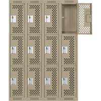 Clean Line Lockers, 3 -tier, Bank of 4, 48" x 12" x 72", Steel, Beige, Rivet (Assembled), Perforated Rock Safety Industrial Ltd