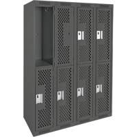 Clean Line Lockers, 2 -tier, Bank of 4, 48" x 12" x 72", Steel, Charcoal, Rivet (Assembled), Perforated Rock Safety Industrial Ltd