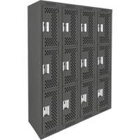 Clean Line Lockers, 3 -tier, Bank of 4, 48" x 12" x 72", Steel, Charcoal, Rivet (Assembled), Perforated Rock Safety Industrial Ltd