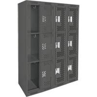 Clean Line Lockers, 3 -tier, Bank of 4, 48" x 12" x 72", Steel, Charcoal, Rivet (Assembled), Perforated Rock Safety Industrial Ltd