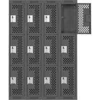 Clean Line Lockers, 3 -tier, Bank of 4, 48" x 12" x 72", Steel, Charcoal, Rivet (Assembled), Perforated Rock Safety Industrial Ltd