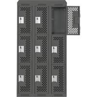 Clean Line Lockers, 3 -tier, Bank of 3, 36" x 18" x 78", Steel, Charcoal, Rivet (Assembled), Perforated Rock Safety Industrial Ltd