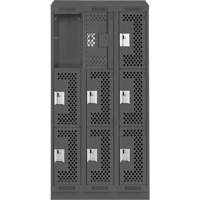 Clean Line Lockers, 3 -tier, Bank of 3, 36" x 18" x 82", Steel, Charcoal, Rivet (Assembled), Perforated Rock Safety Industrial Ltd