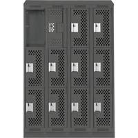 Clean Line Lockers, 3 -tier, Bank of 4, 48" x 18" x 82", Steel, Charcoal, Rivet (Assembled), Perforated Rock Safety Industrial Ltd