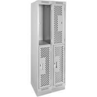 Clean Line Lockers, 2 -tier, Bank of 2, 24" x 18" x 76", Steel, Grey, Rivet (Assembled), Perforated Rock Safety Industrial Ltd