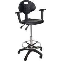 Tabouret ergonomique robuste avec accoudoirs r&eacute;glables et roulettes en nylon, Mobile, Ajustable, 39" - 48", Polyur&eacute;thane Si&egrave;ge, Noir Rock Safety Industrial Ltd