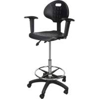 Tabouret ergonomique robuste avec accoudoirs r&eacute;glables et roulettes en nylon, Mobile, Ajustable, 39" - 48", Polyur&eacute;thane Si&egrave;ge, Noir Rock Safety Industrial Ltd