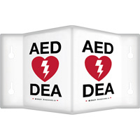 Enseigne &agrave; projection sur 90°  AED/ DEA , 6" x 5", Plastique, Bilingue avec pictogramme Rock Safety Industrial Ltd